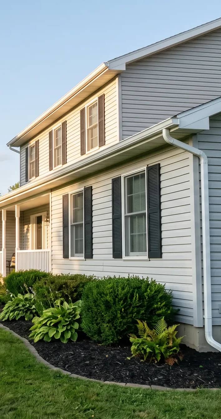A two-story home with shrubs and hostas along its foundation and white eaves, on a summer evening.