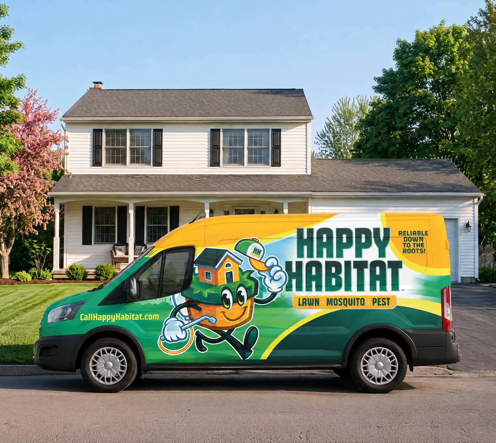 A Happy Habitat van parked at the curb in front of a two-story home with a striped green lawn.