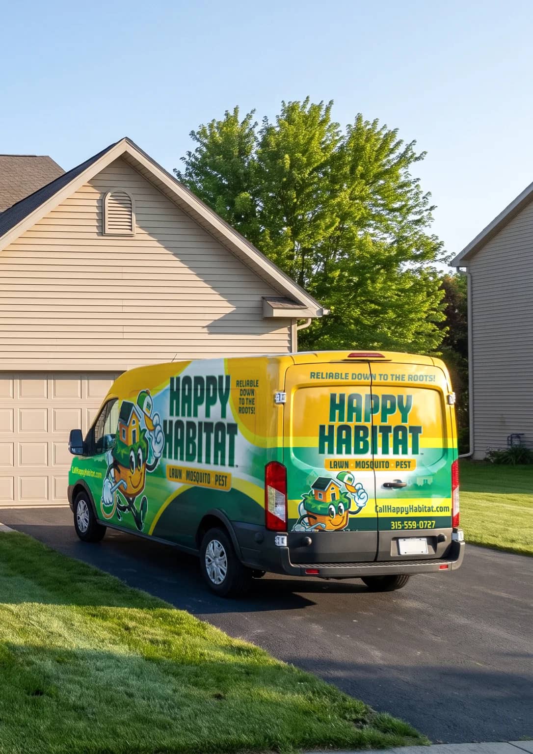 An illustrated scene: a Happy Habitat van parked in a home's driveway, beside the garage and a green lawn.