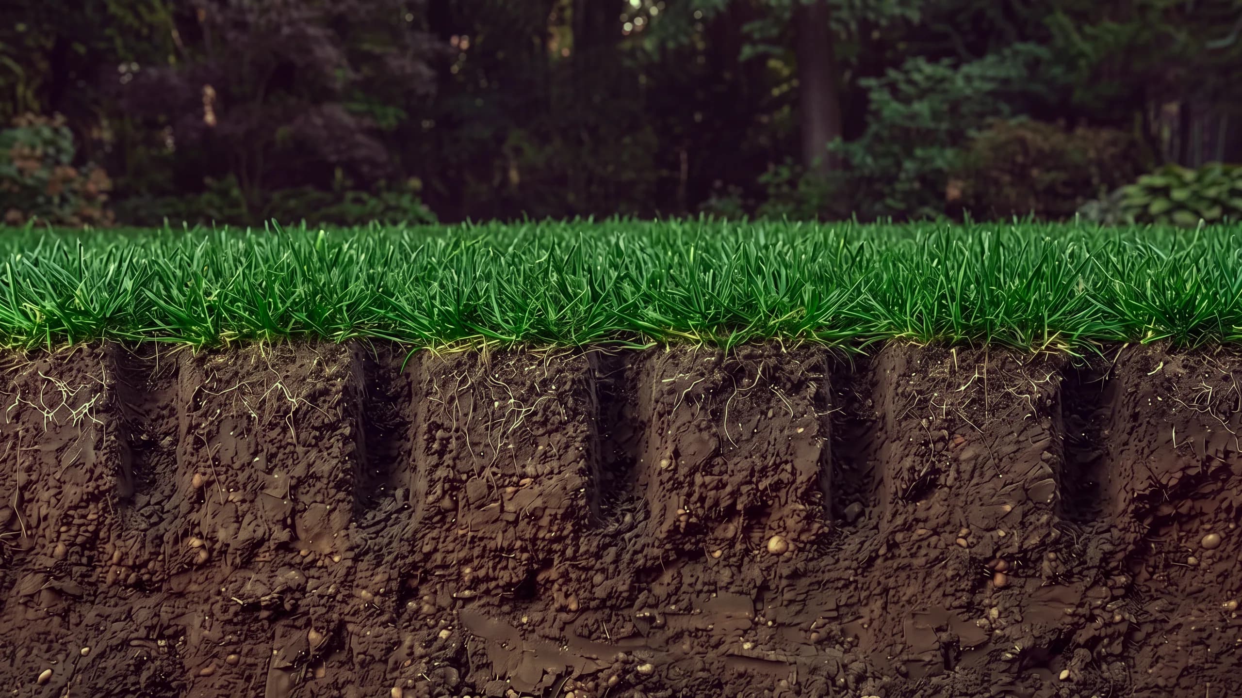A cut-away of a lawn after core aeration: thick grass on top and open holes reaching down into the soil.