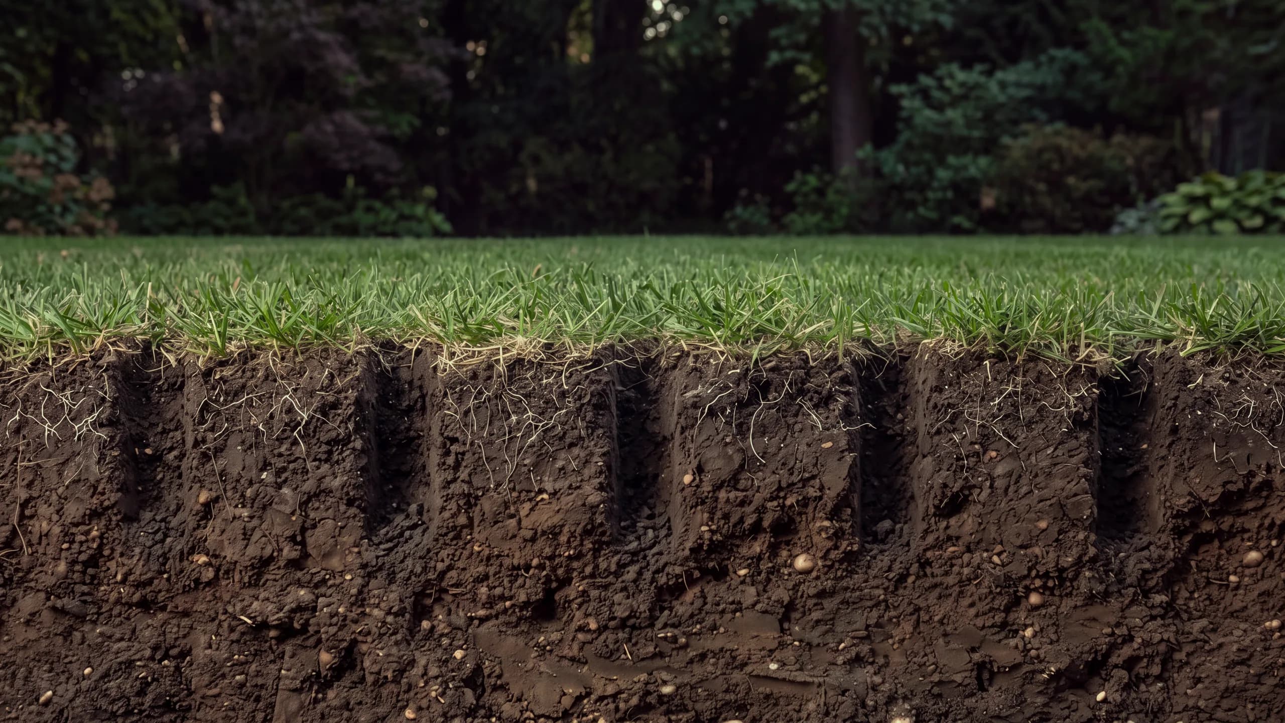 A cutaway of a lawn and the soil under it after core aeration, showing what each aeration level adds.