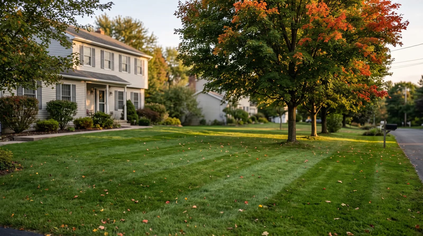 A healthy lawn in early fall in front of a Central New York home, with maples starting to turn.