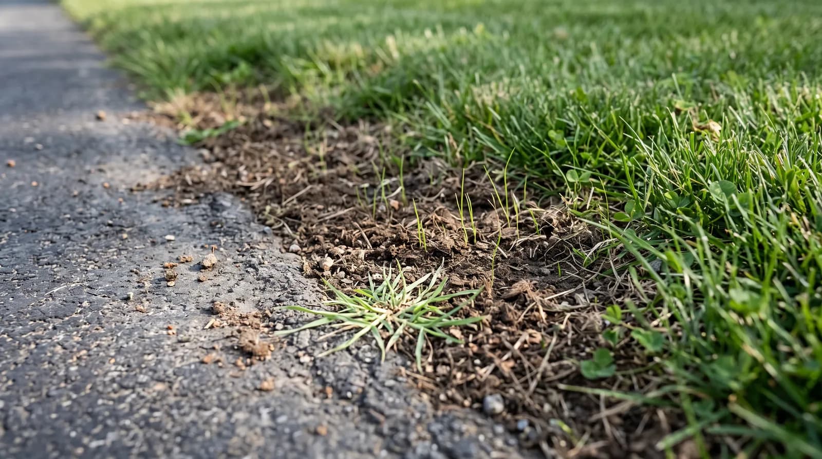A plow-scraped strip along a driveway, with new grass seedlings coming up and a young crabgrass clump at the edge.