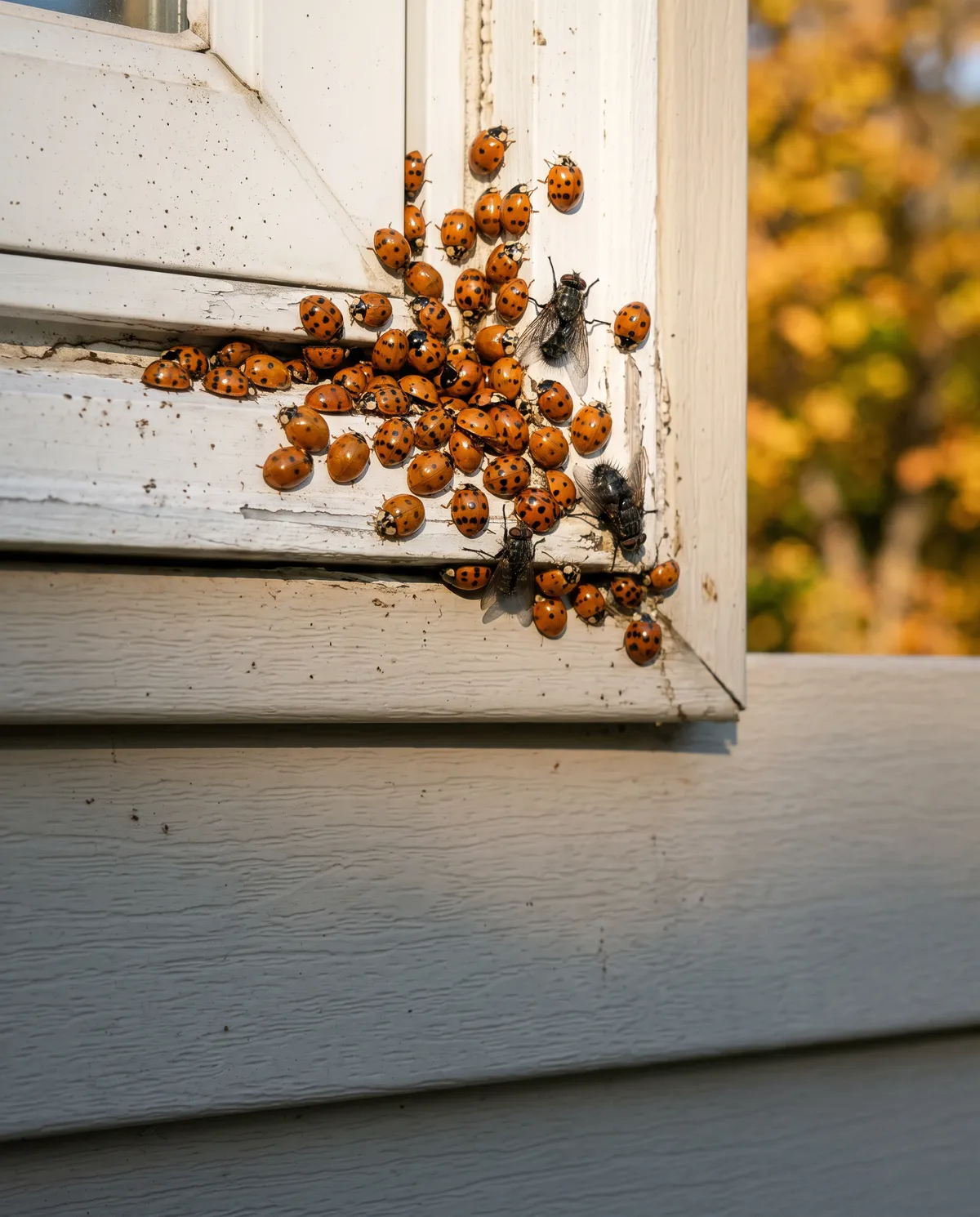 Dozens of orange lady beetles and a few gray cluster flies crowded into the corner of a white window frame.