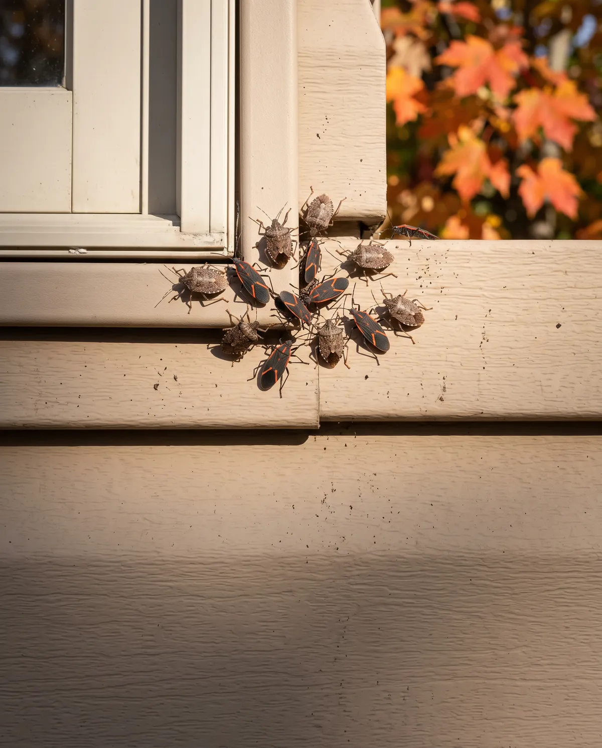 Brown marmorated stink bugs and black-and-red boxelder bugs clustered on tan siding below a window, with fall maple leaves behind.