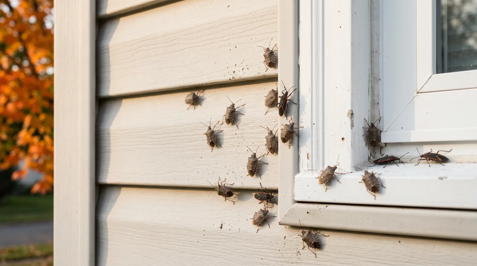 Brown marmorated stink bugs and boxelder bugs gathered on sunny siding beside a window in the fall.