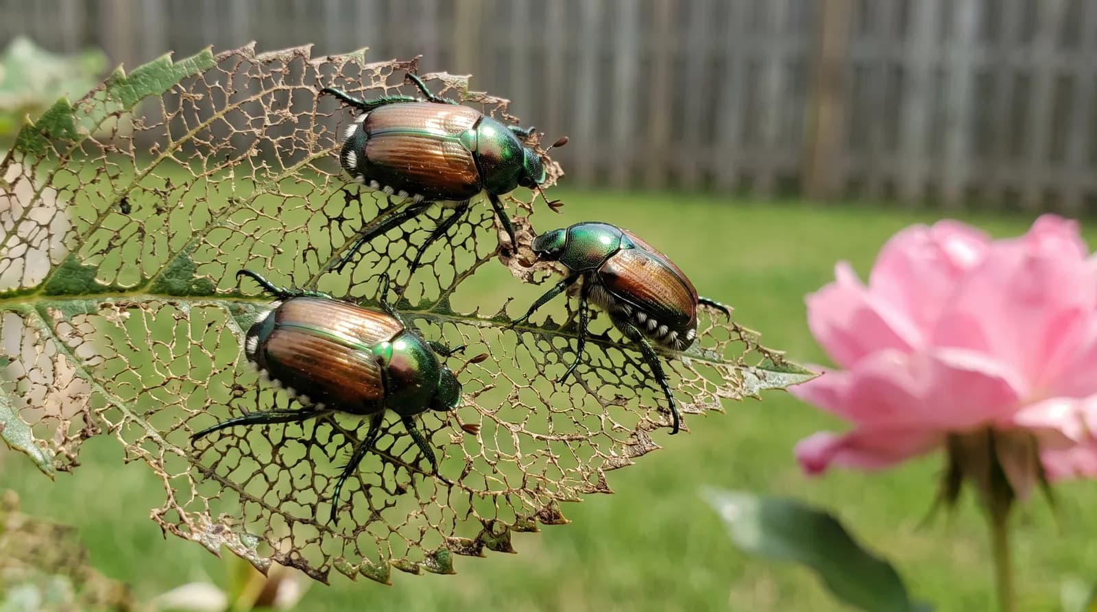 Three Japanese beetles, metallic green with coppery wing covers, on a rose leaf eaten down to a lace of veins.