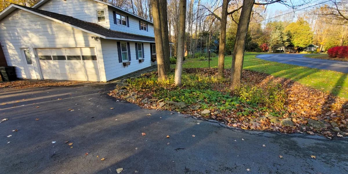 A planting bed between the driveway and the lawn. Before: Fallen leaves piled in a tree-shaded planting bed beside a driveway and a white house's garage.