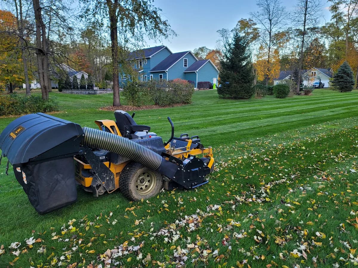 Our leaf vacuum on a freshly striped lawn: a yellow riding mower with a large leaf vacuum and collector, a few fallen leaves around it.