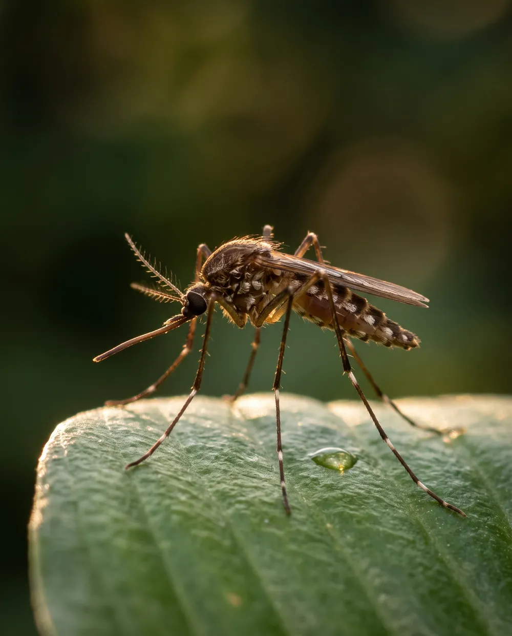 A close-up of a mosquito resting on a broad green leaf in a shady garden bed.