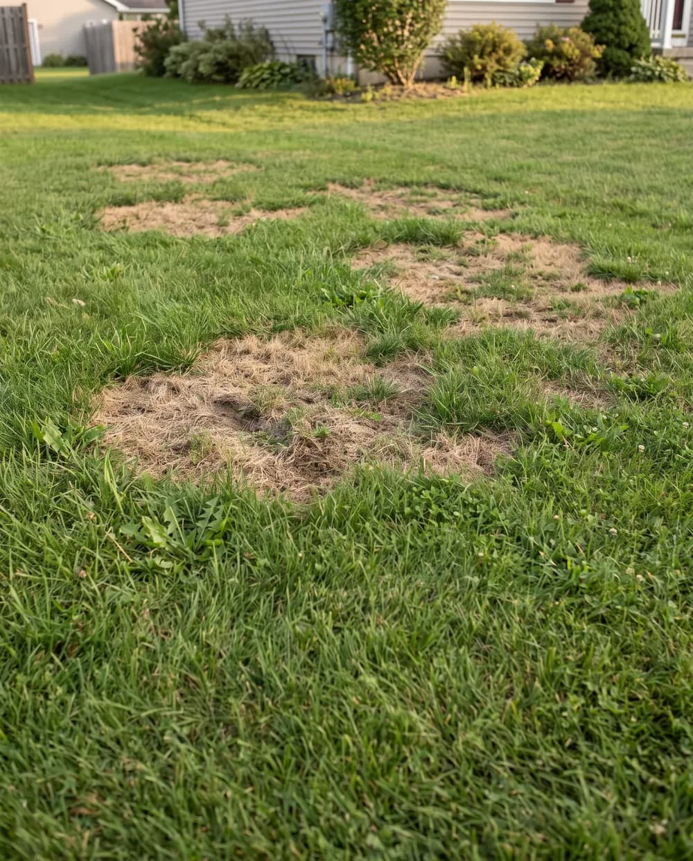 A backyard lawn in summer with brown, dry patches among the green grass.