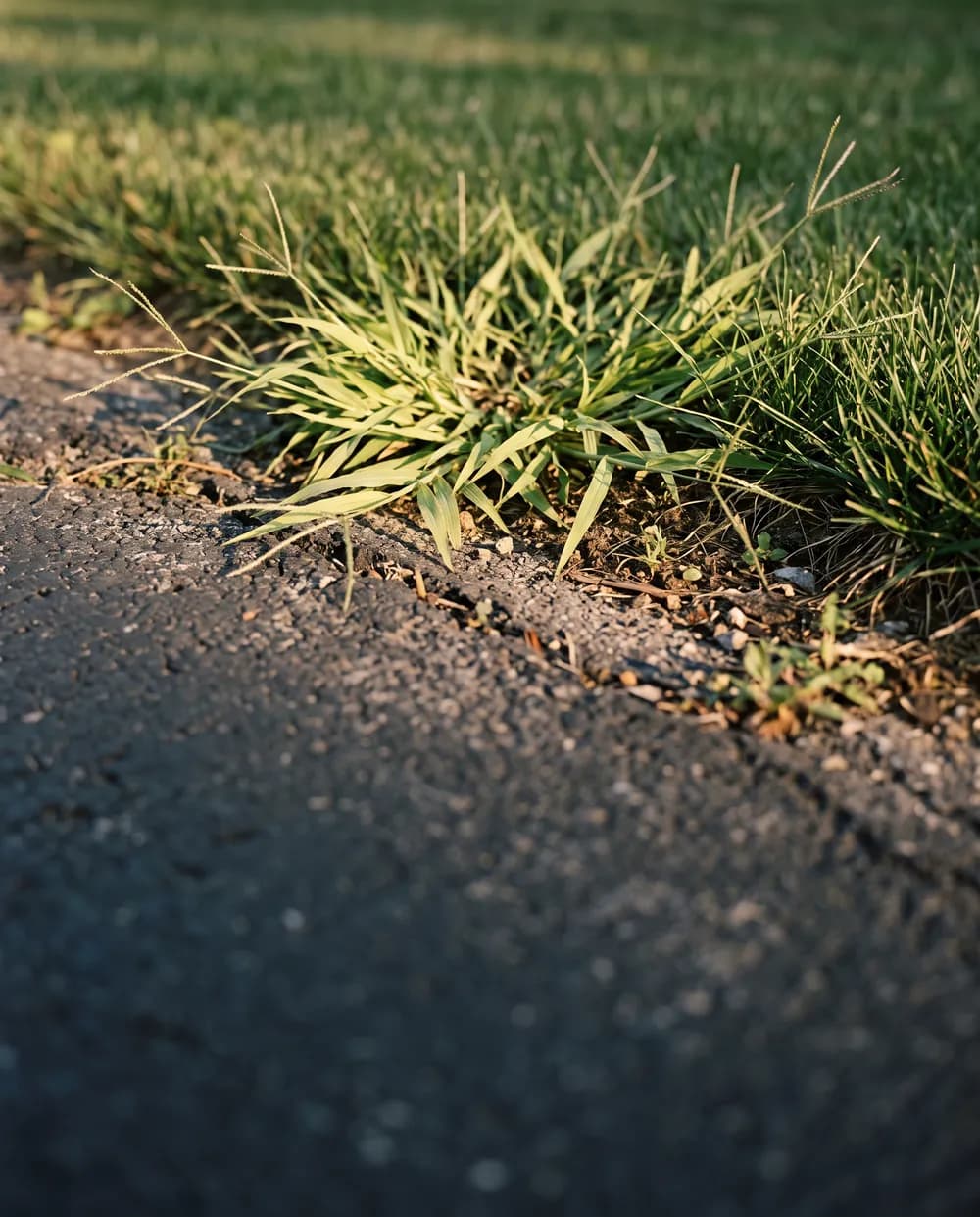 A clump of crabgrass growing where a lawn meets the driveway.