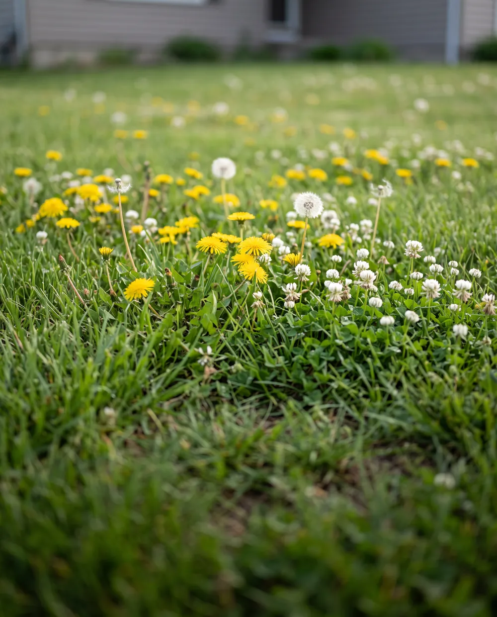 Dandelions and white clover blooming through a suburban lawn in late spring.