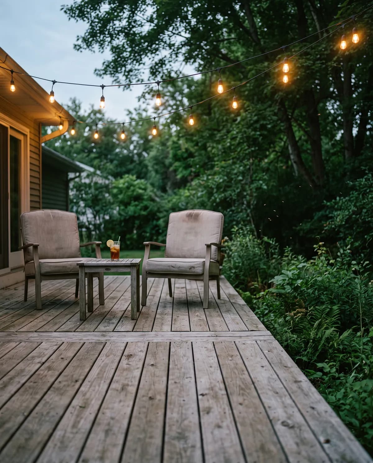 A backyard deck at dusk, two chairs under string lights beside dense shrubs and trees.