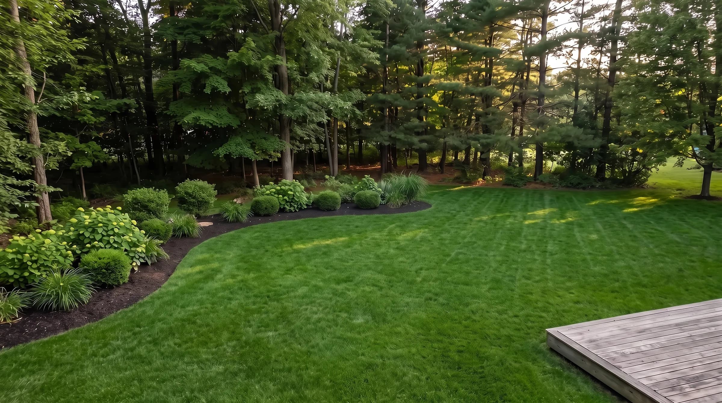 A backyard with a thick, freshly mowed lawn, a curved shrub bed and a shady tree edge, showing what each level covers.
