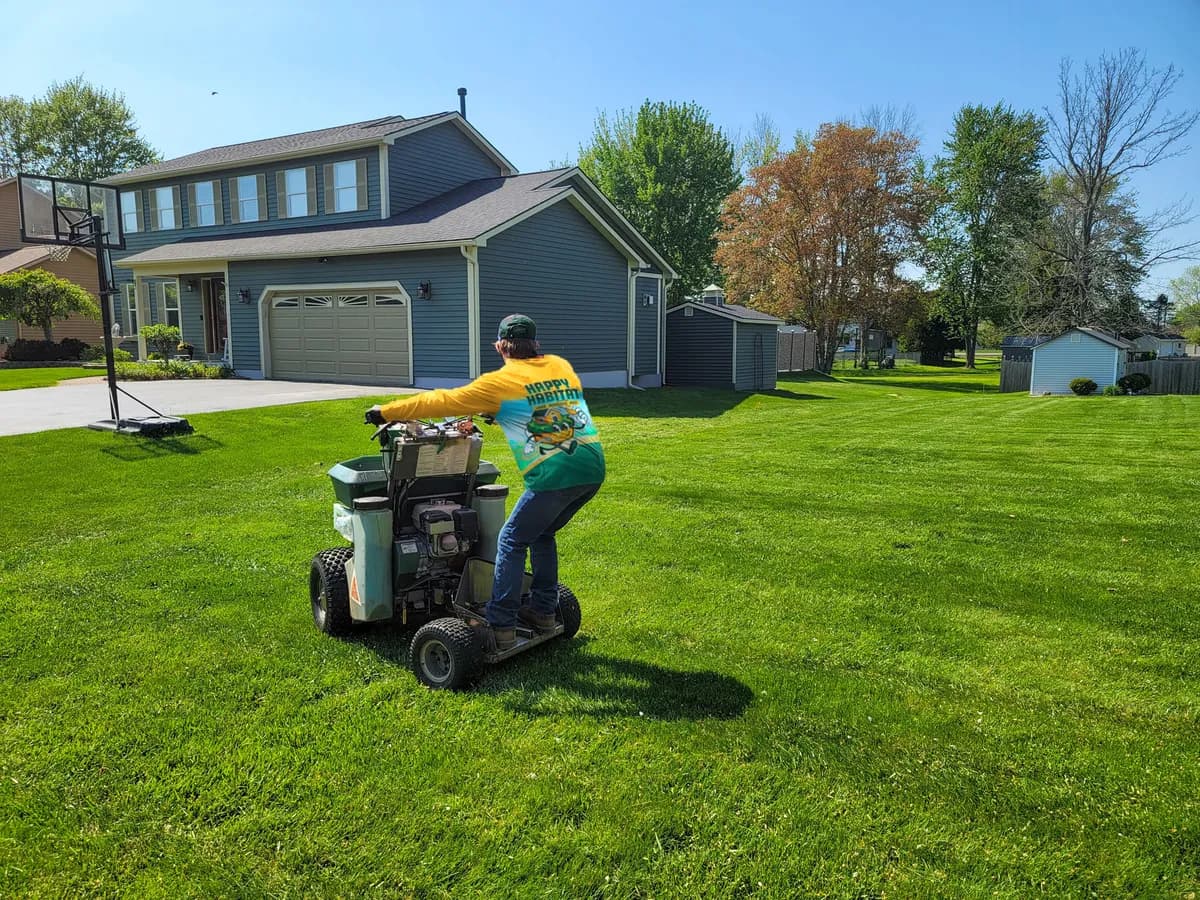 A technician in the Happy Habitat uniform, seen from behind, riding a ride-on spreader across a green lawn beside a gray house.