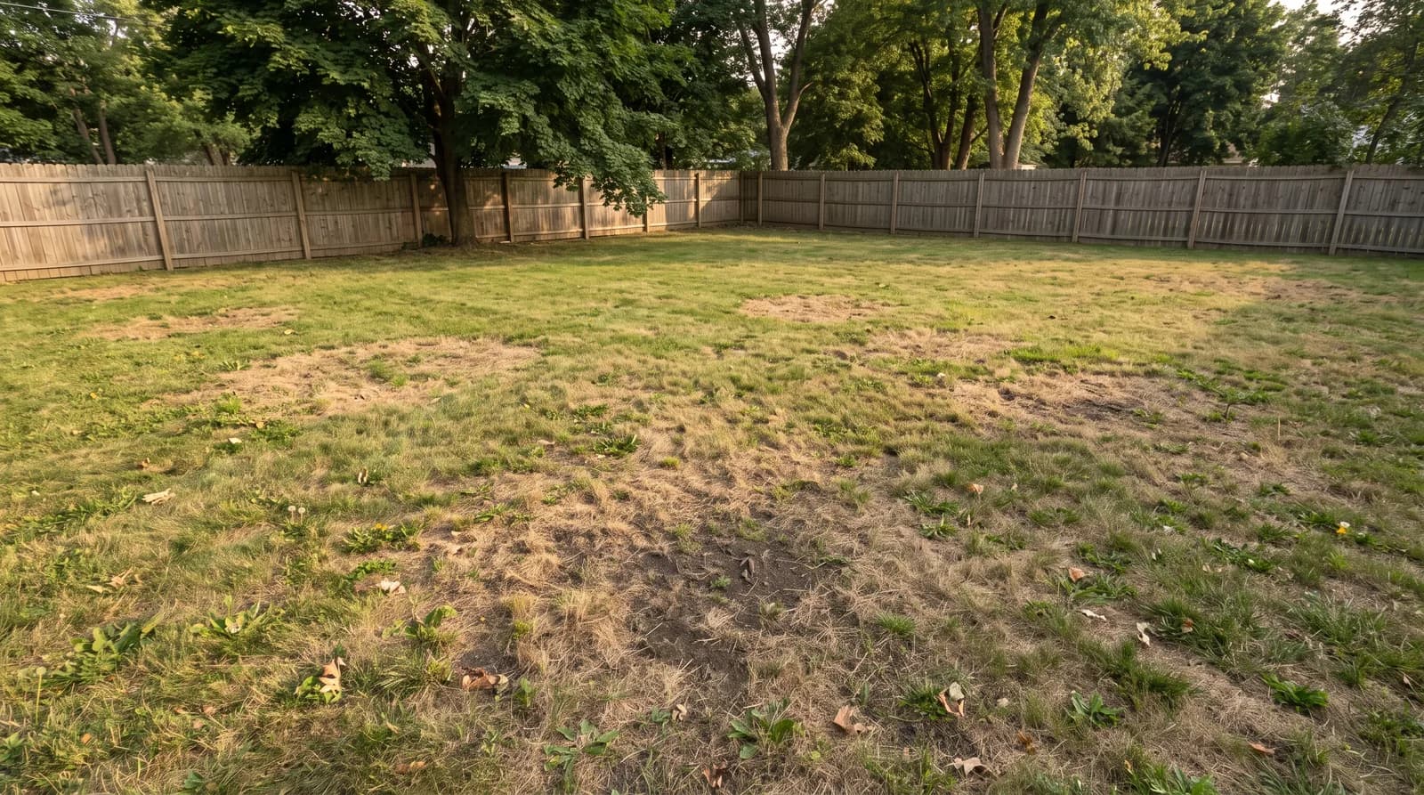 A backyard lawn in late summer with thin, brown patches between stretches of green grass.