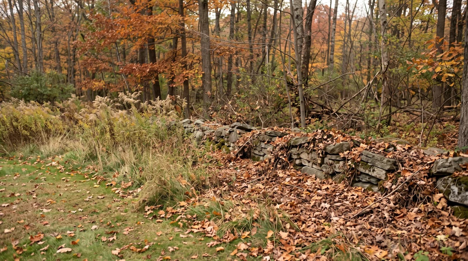 The back edge of a yard in October, where the mowed lawn meets tall grass, an old stone wall, leaf litter and the woods.