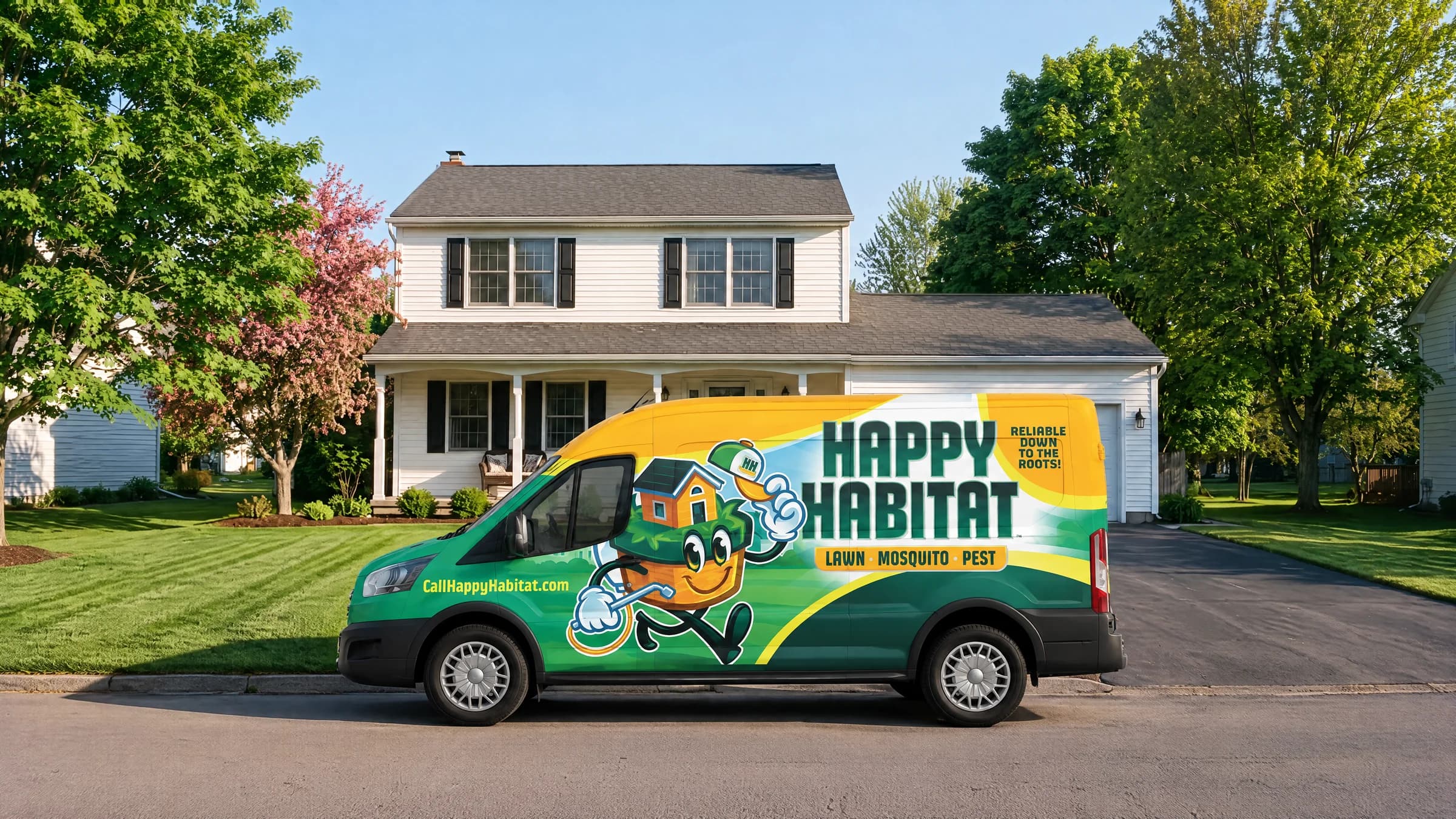 A Happy Habitat van in the new wrap, parked at the curb in front of a Central New York home with a green lawn.