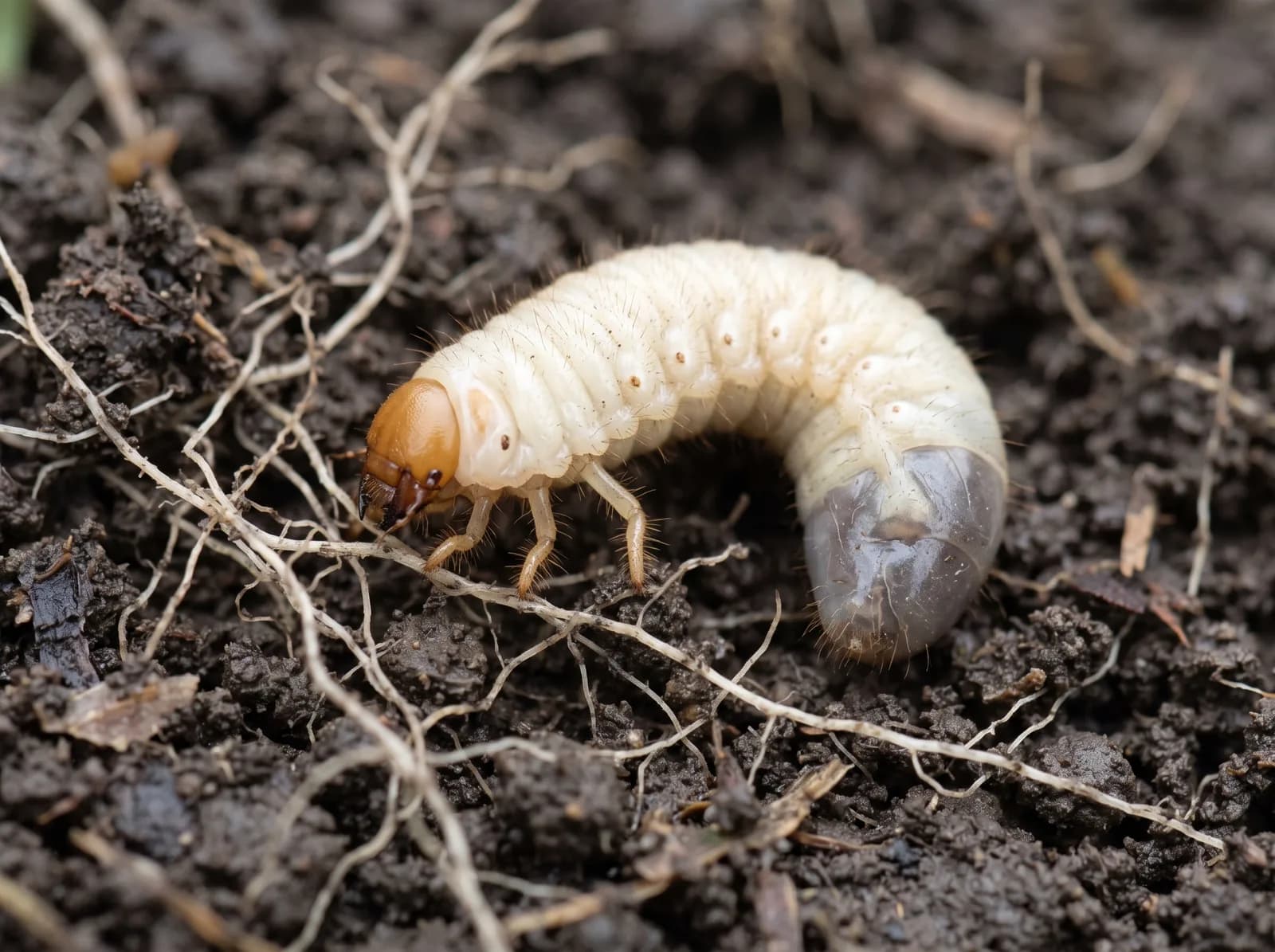 A close-up of a white grub, a C-shaped beetle larva, on dark soil among grass roots.