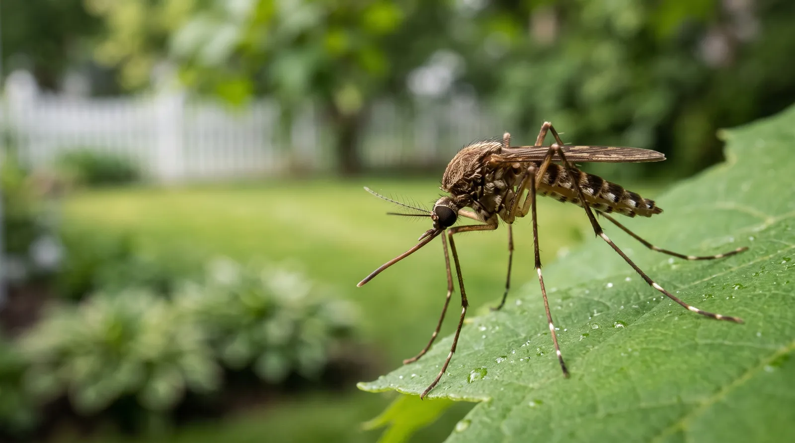 A close-up of a mosquito standing on a green leaf, with a blurred backyard lawn and a white fence behind it.
