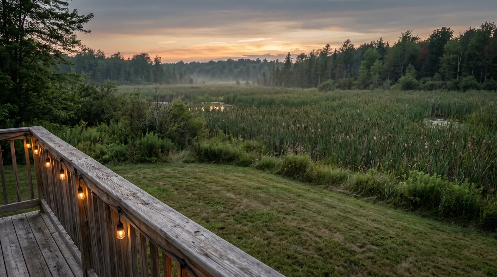 A backyard deck at dusk, looking out over a cattail marsh and a wetland tree line.