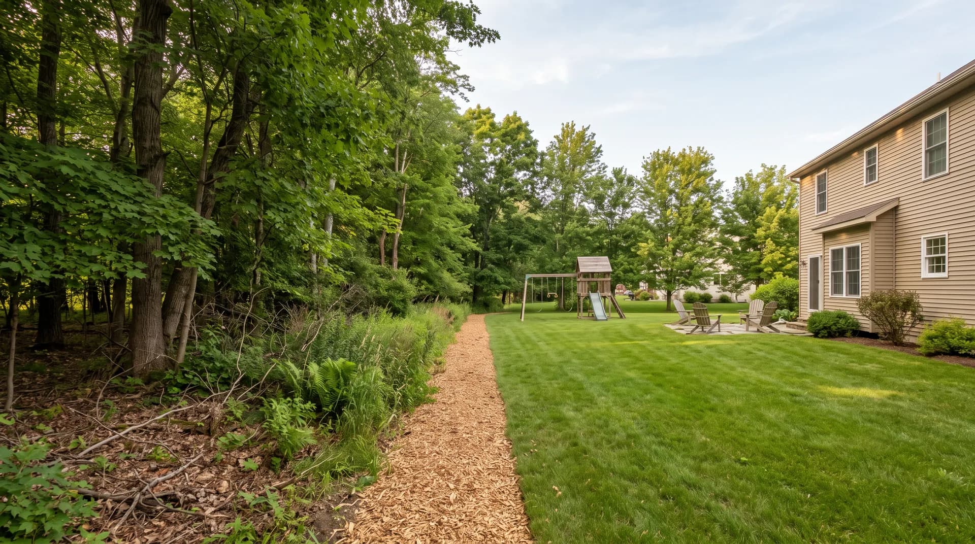 A backyard from the woods to the house. Ticks wait in the woods, the leaf litter and the tall grass at the yard's edge. A strip of wood chips about 3 feet wide separates that edge from the tick-safe zone: the mowed lawn, the play set, the patio and the house.